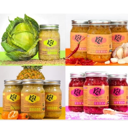 MIX KOL - 4 PACK  Regálate o regala a tus seres queridos una caja llena de sabor y salud, ya que es el paquete perfecto para disfrutar y degustar durante todo el mes de nuestras 4 variedades de Chucrut.